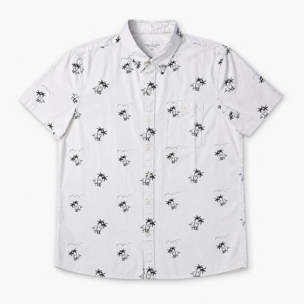 American Eagle Mens XL White Palm Tree Print Short Sleeve Button Down Shirt NEW